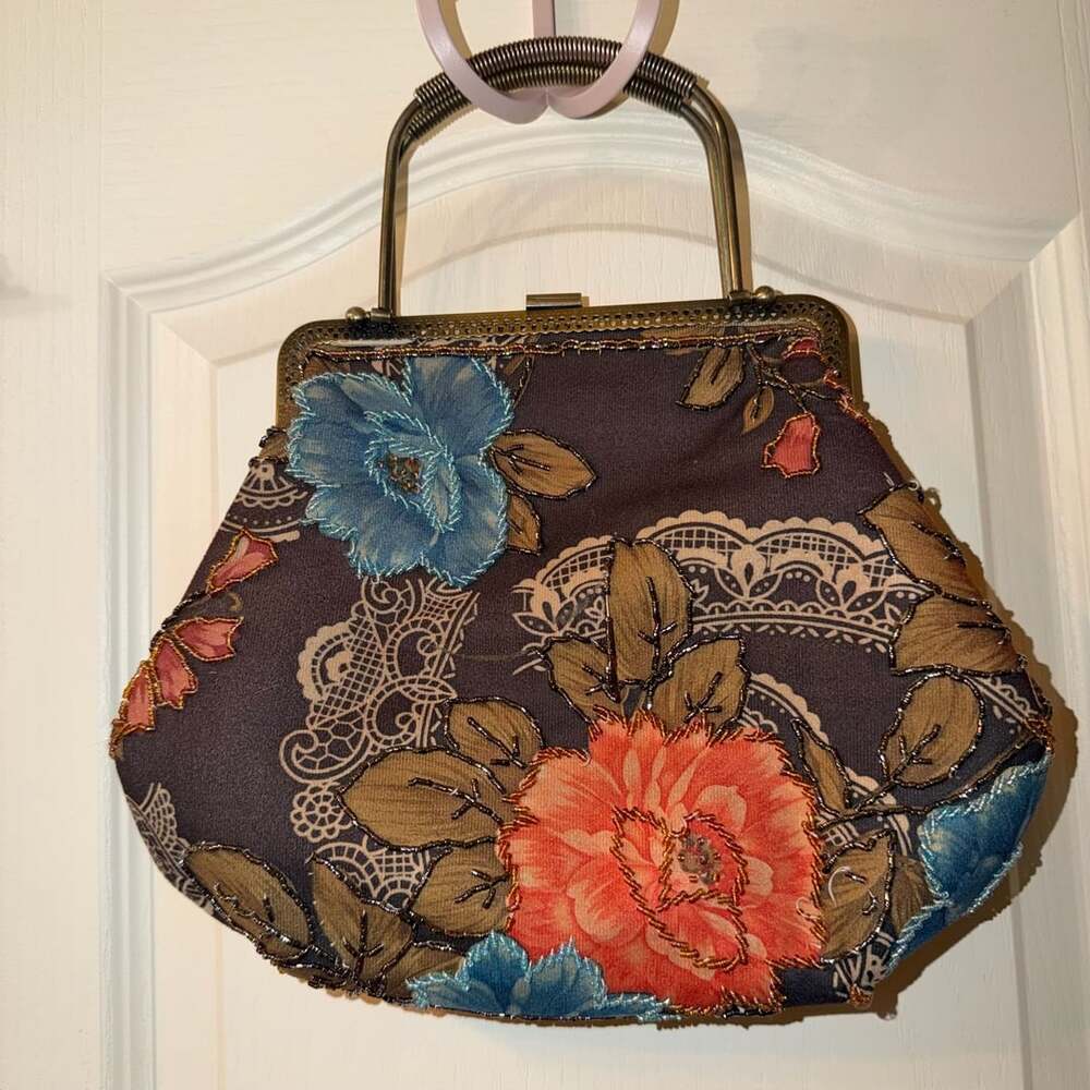 Vintage Floral Print Fabric Handbag With Beaded Accents And Metal Handle